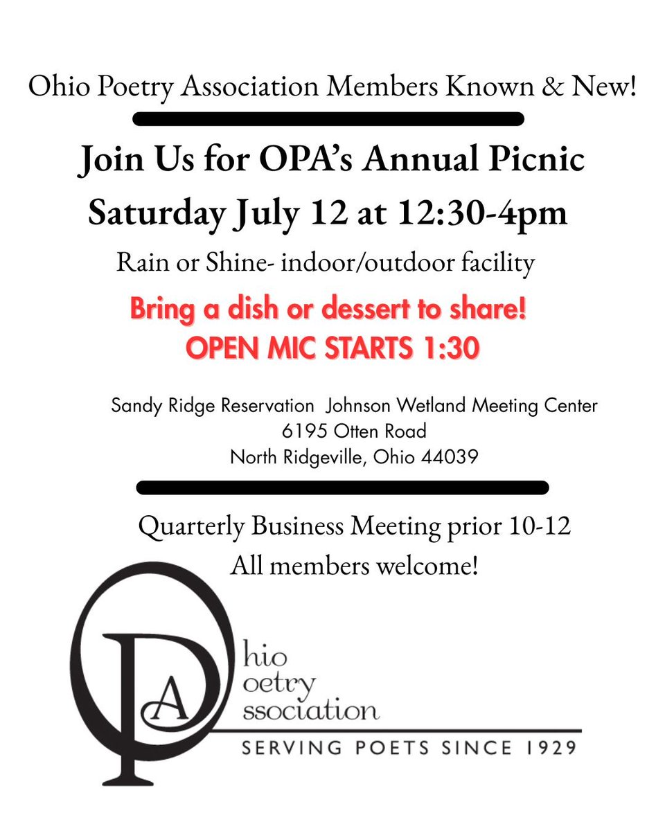 OhioPoetry's tweet image. Join us July 12th at Sandy Ridge Reservation in North Ridgeville, Ohio for the OPA's annual picnic featuring readings by co-Ohio Poet of the Year Barbara Sabol (Watermark) and recent Cleveland Heights Poet Laureate Ray McNiece (Bone Key Sutra), pot luck, open mic, more....