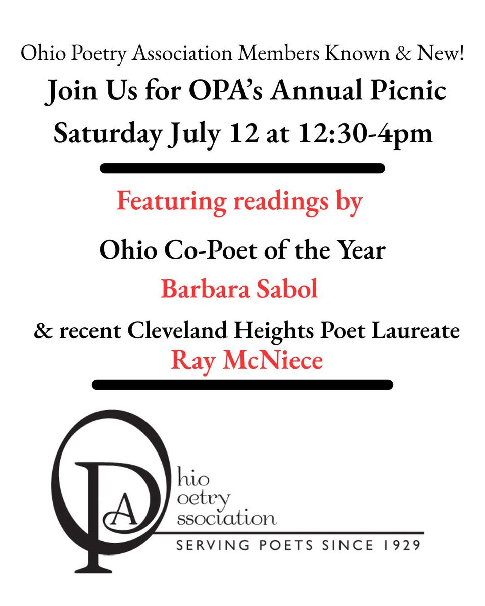 OhioPoetry's tweet image. Join us July 12th at Sandy Ridge Reservation in North Ridgeville, Ohio for the OPA's annual picnic featuring readings by co-Ohio Poet of the Year Barbara Sabol (Watermark) and recent Cleveland Heights Poet Laureate Ray McNiece (Bone Key Sutra), pot luck, open mic, more....