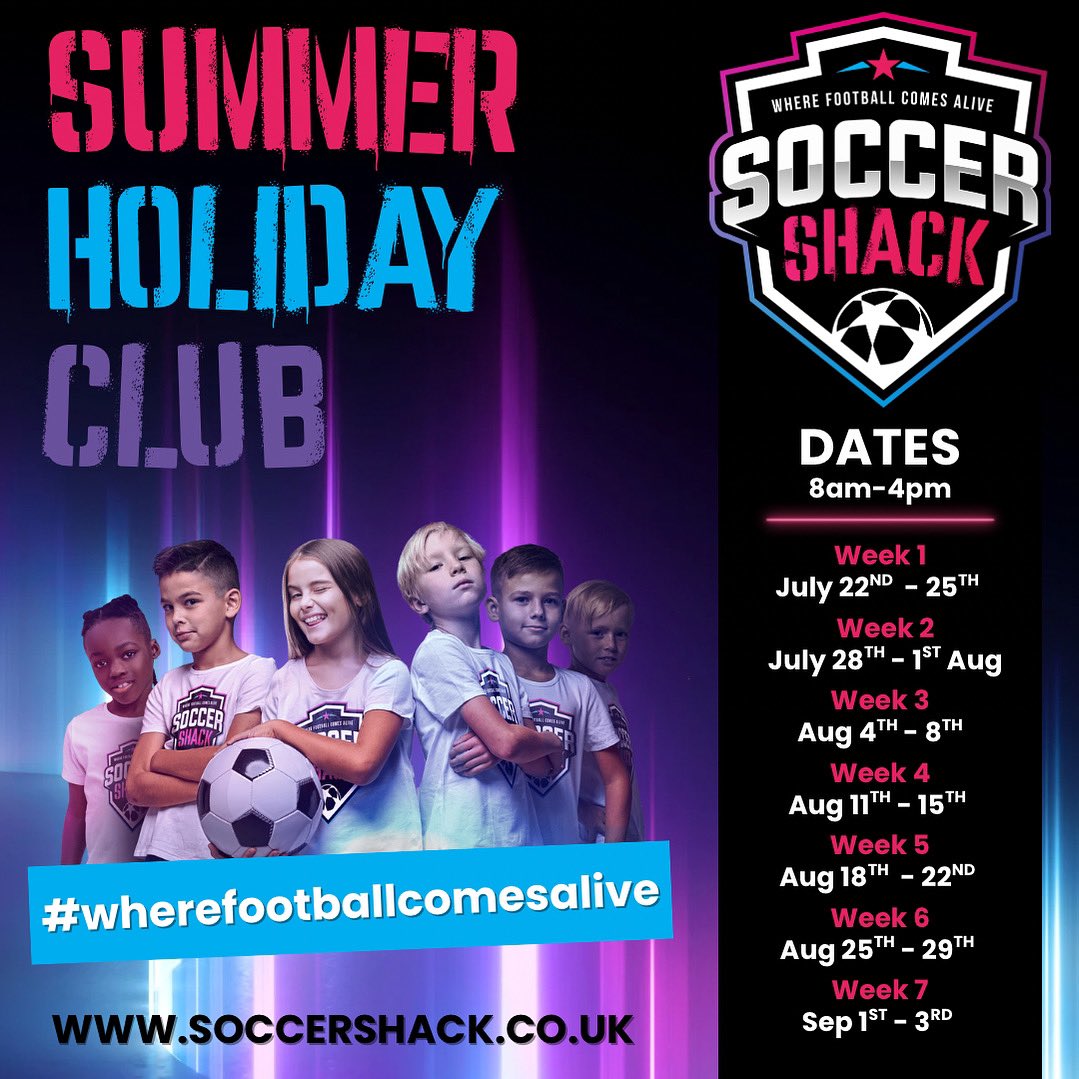🩷 20% DISCOUNT ENDS 7th JULY 💜💙

BOOK NOW! soccershack.co.uk 

💰£28 per day - £22.40 a day if you use the discount code! 

🗓️ 23rd July to 2nd September 2025 

⏰ 8am to 4pm 

Who? Boys &amp; girls Reception yr to yr 8 

🥪 🧃Lunch &amp; unlimited water provided 

📍Gladstone