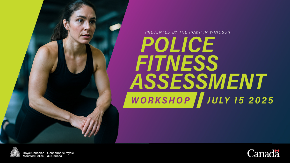 RCMPONT's tweet image. Interested in a law enforcement career or know someone who is? Are you preparing for recruitment?
Join us on July 15 in Windsor for an interactive Police Fitness Assessment (PFA) workshop. This hands-on session is designed to help you:
• Understand each fitness test component…