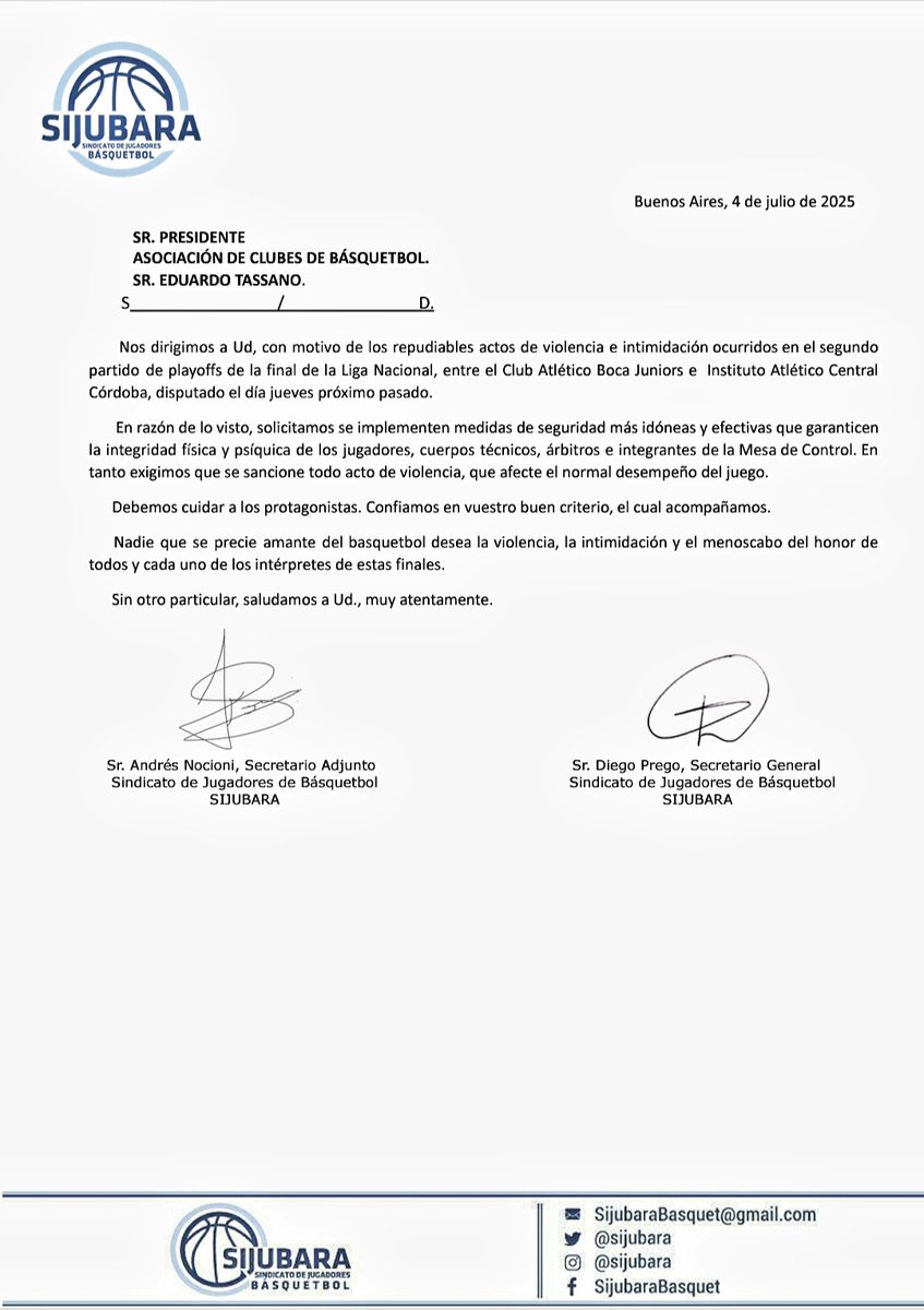 Nota desde Sijubara a AdC. 
Repudio por los hechos violentos en las finales LNB y pedido de protección a los protagonistas.