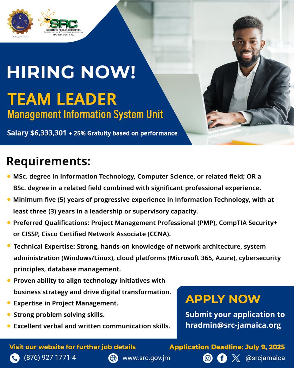 WE ARE HIRING!

Ready to take the next step in your career? Join our team at the Scientific Research Council!

Apply now: hradmin@src-jamaica.org
Visit our website for more details: src.gov.jm