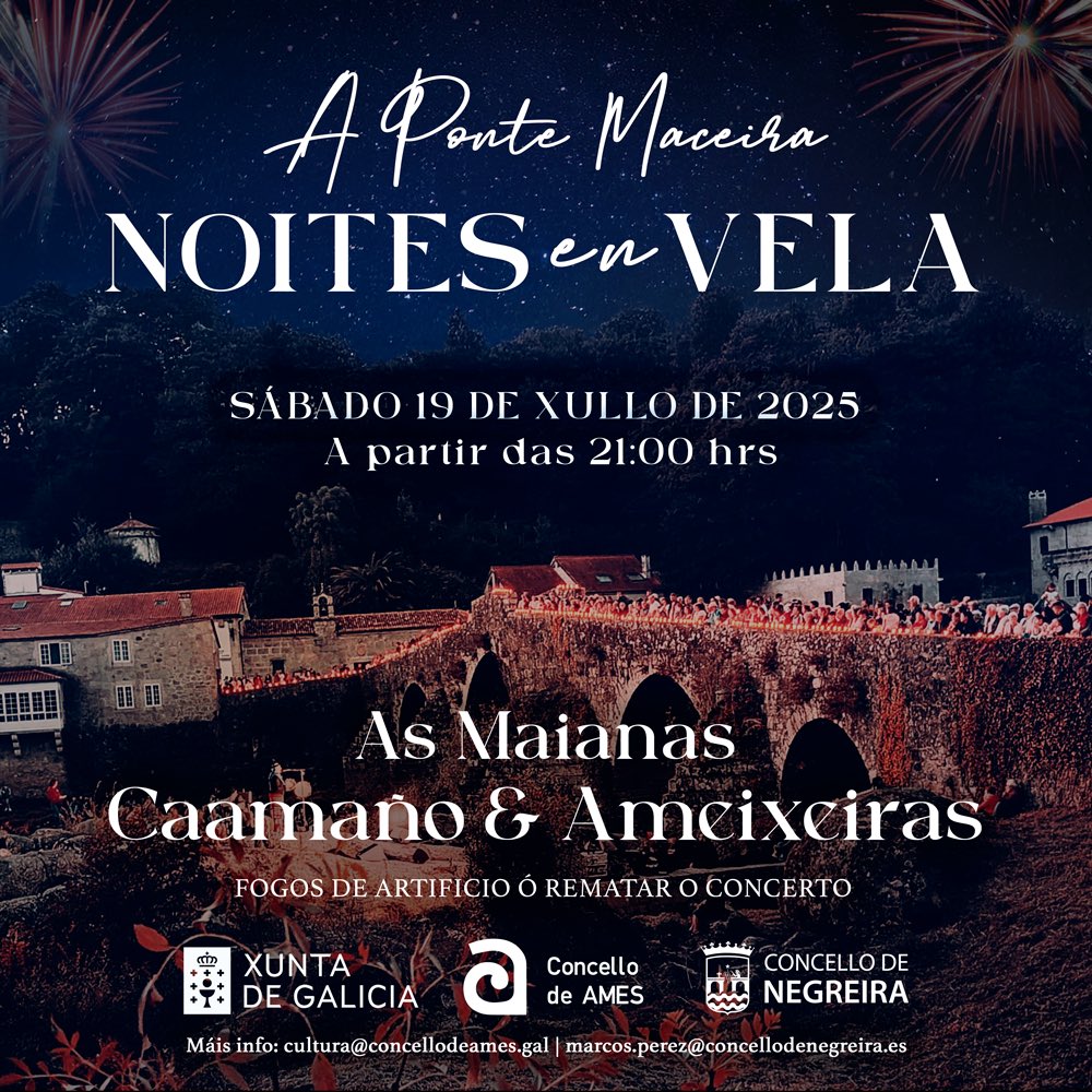 Úneste a unha noite máxica?

Habilitarase un servizo de autobús gratuíto para acudir ás “Noites en Vela” deste 2025 🚌✨

Inscricións e todos os detalles aquí ℹ️🔗bit.ly/44iGtT2

#NoitesEnVela #PonteMaceira #Ames #Negreira #Música #Cultura #Ocio
