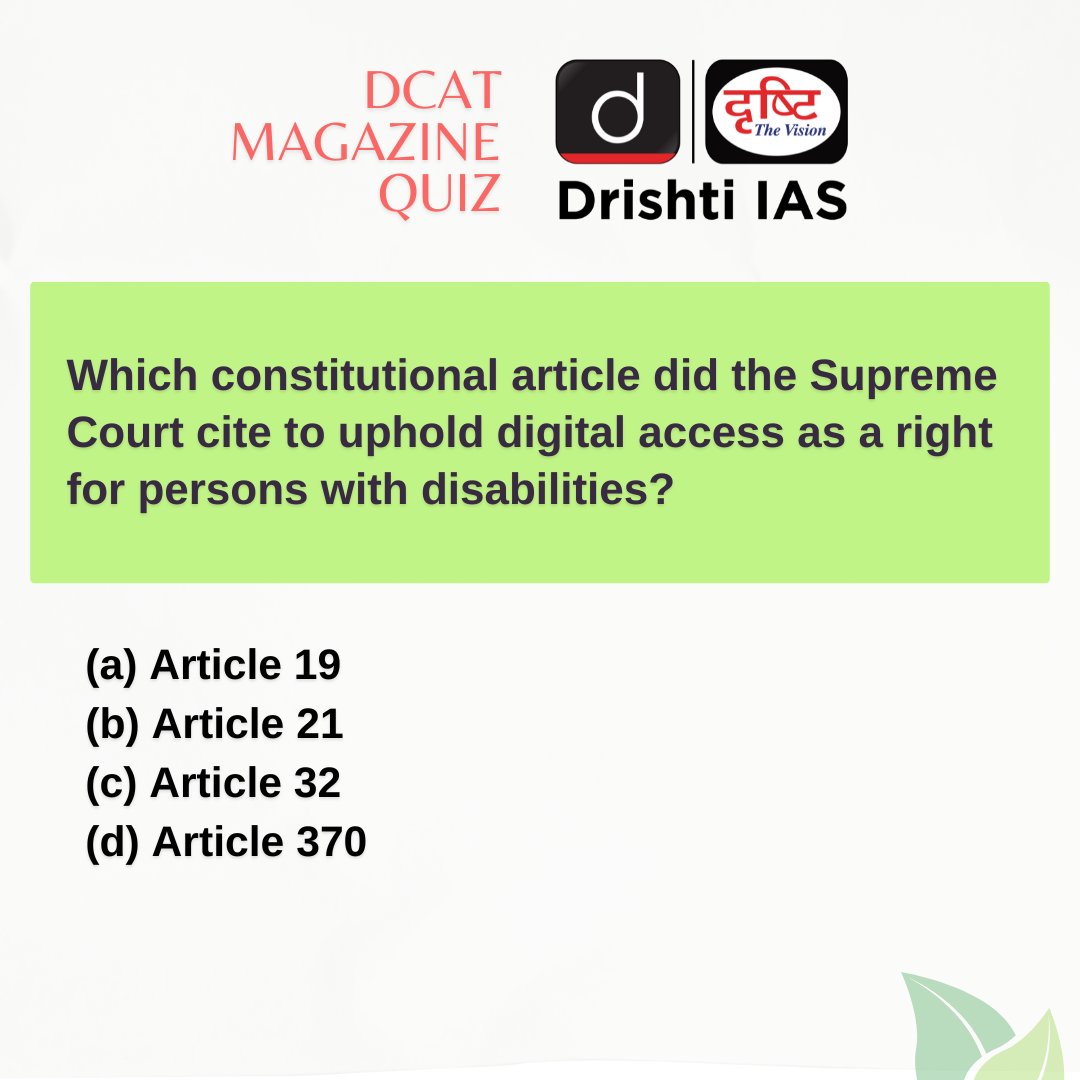 drishtiiaseng's tweet photo. Solutions are in the Drishti Current Affairs Today (DCAT) magazine
#DCAT Magazine covers all three stages of CSE—Prelims, Mains & Interview
Subscribe: https://t.co/A2mfpjrV3r
#Contitution #Article #SupremeCourt #UPSC #GK #IAS #DrishtiCurrentAffairs #DrishtiIAS #DrishtiIASEnglish https://t.co/G8VqlGXgXc