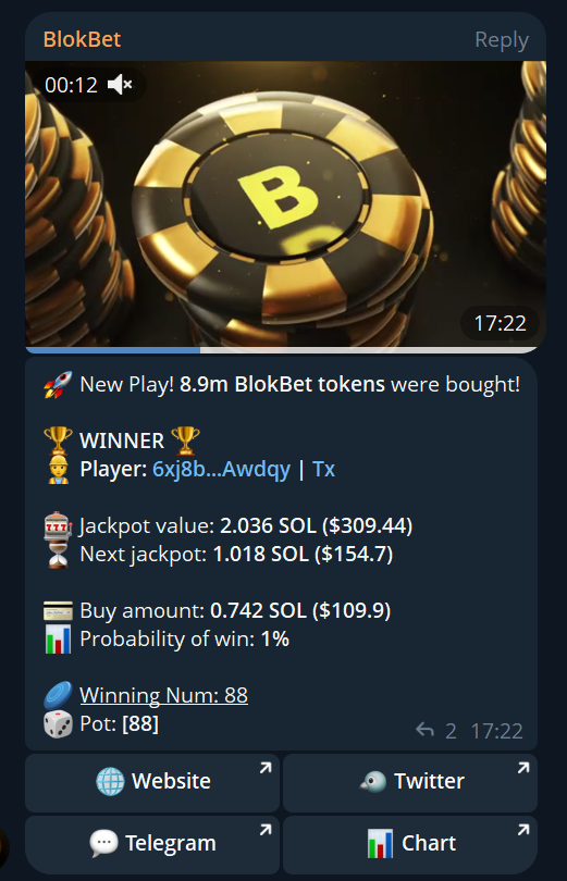 Another good win paid out! Congrats 🏆
Join our Telegram and see how the bot works: t.me/BlokBetPortal

$BB