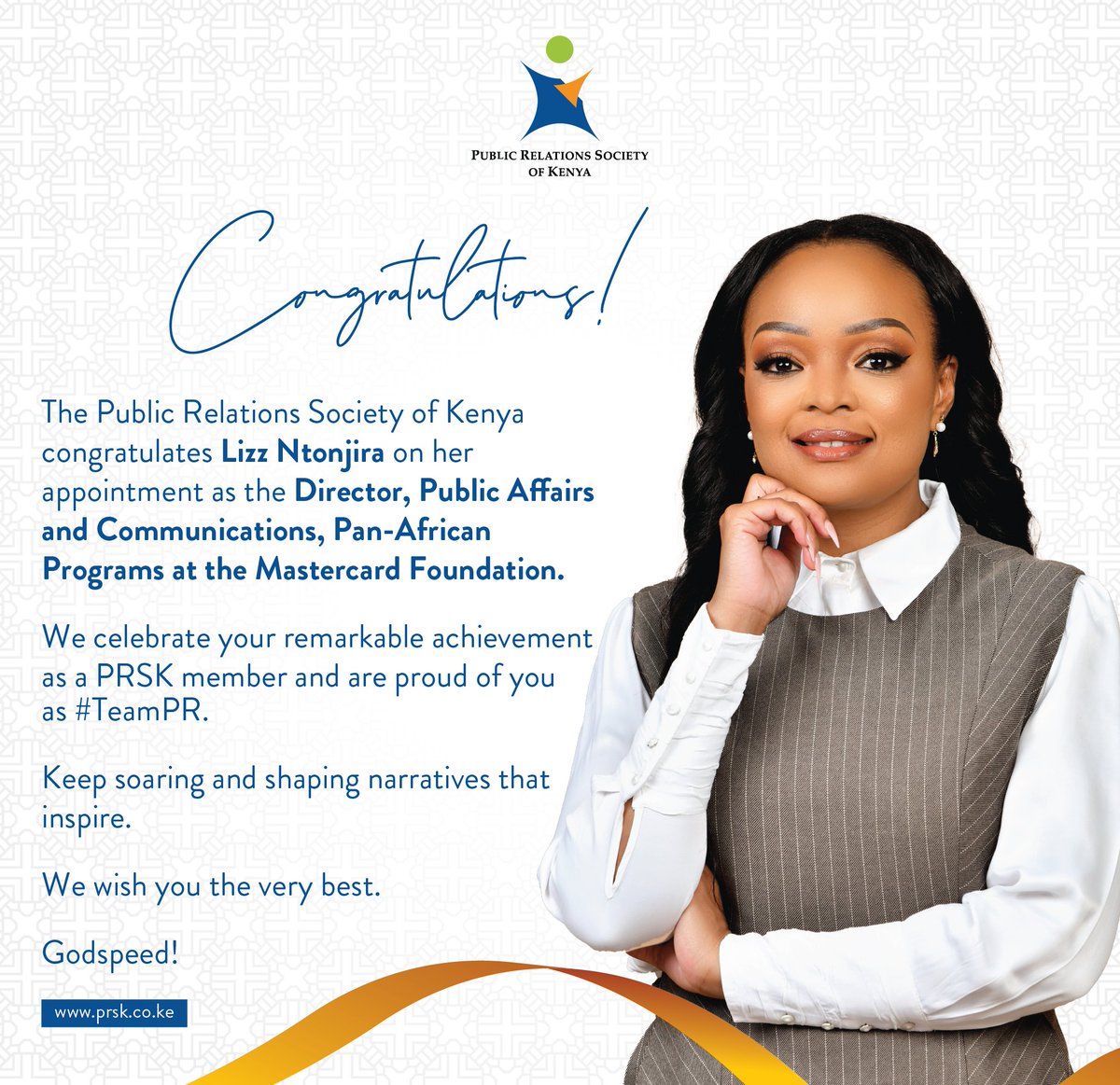 PRSK (@prskkenya) on Twitter photo Join us in congratulating our colleague <a href="/lizzientonjira/">Lizz Ntonjira</a> on her appointment as the Director, Public Affairs and Communications, Pan-African Programs at the <a href="/MastercardFdn/">Mastercard Foundation</a>.
#TeamPR celebrates you. Join us in congratulating our colleague <a href="/lizzientonjira/">Lizz Ntonjira</a> on her appointment as the Director, Public Affairs and Communications, Pan-African Programs at the <a href="/MastercardFdn/">Mastercard Foundation</a>.
#TeamPR celebrates you.
