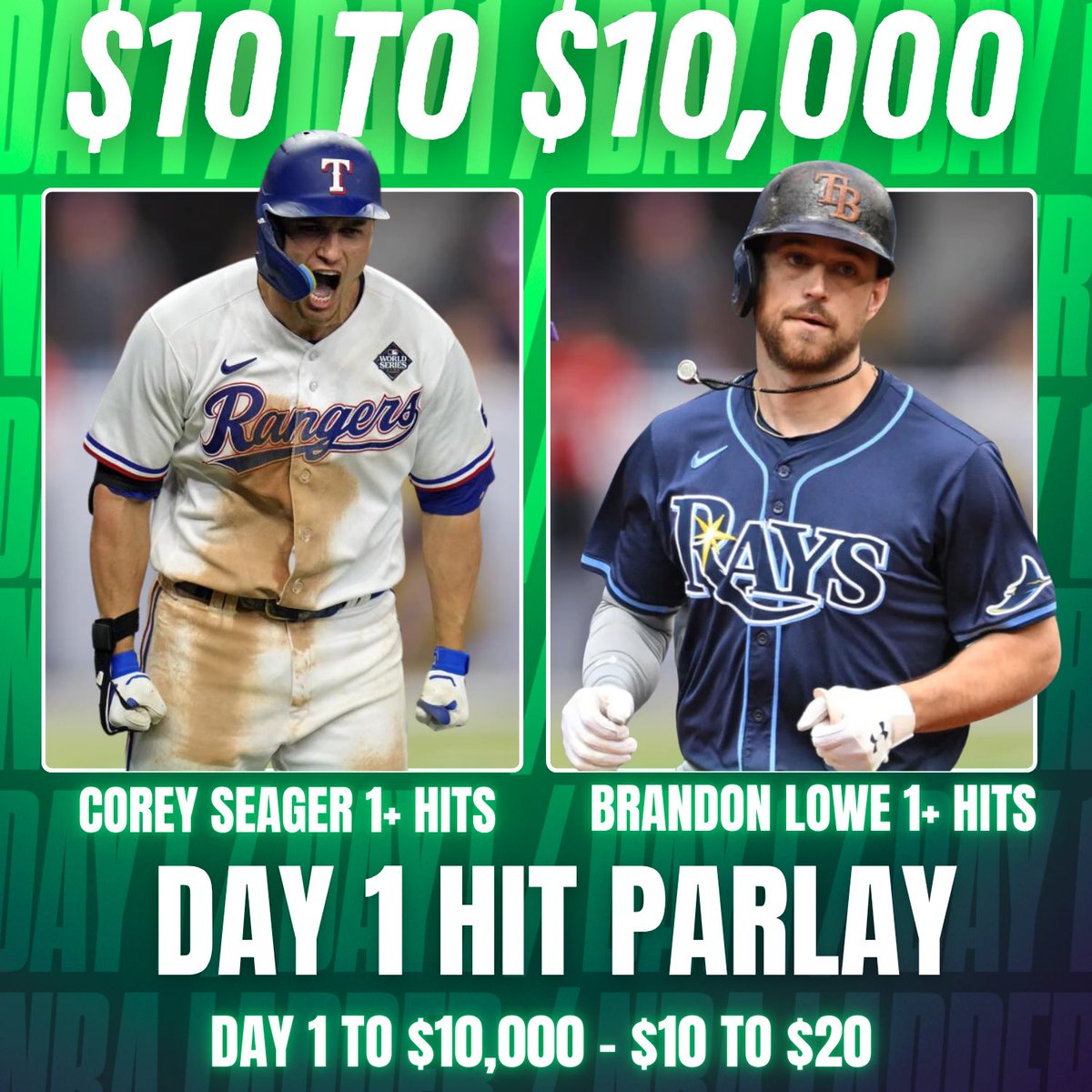 ⚾️ Day 1: To $10,000 Ladder Challenge 

🇺🇸🧨HAPPY 4TH OF JULY!🧨🇺🇸

⭐️ Corey Seager 1+ Hits
Hit L9/10 
Hitting .271 vs RHP

⭐️ Brandon Lowe 1+ Hits
Hit L9/10
Hitting .301 vs RHP

❤️🔁LIKE + REPOST if you’re climbing with us today!
