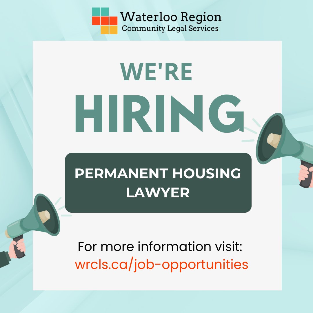 We are hiring! 
WRCLS is seeking a a mid-level lawyer to join our team. The candidate will provide legal services primarily in the area of landlord-tenant with the possibility of practicing in other areas of clinic law as well.

Please visit wrcls.ca/job-opportunit… for details.