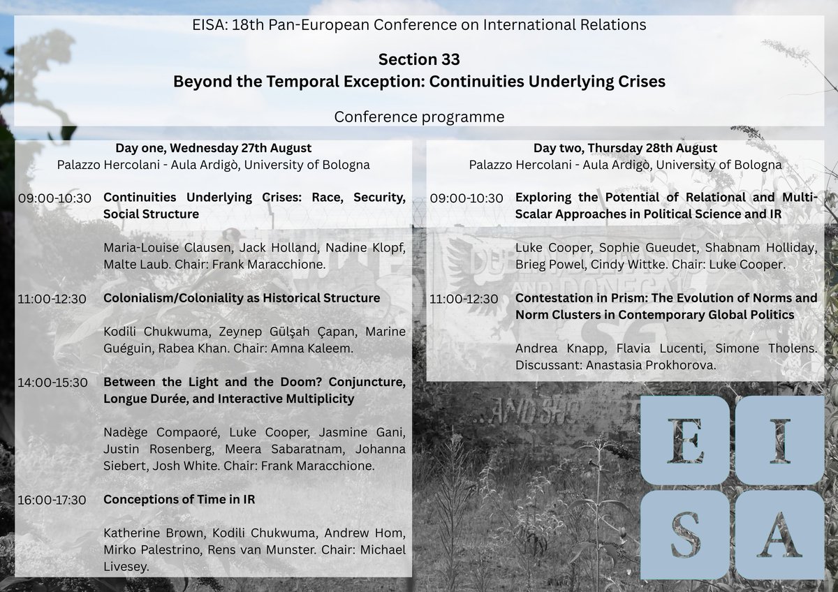 Michael Livesey @malivesey.bsky.social (@malivesey) on Twitter photo @EuropeanISA's conference programme is out... <a href="/Frank_Ouh/">Dr Frank Maracchione @frankmaracchione.bsky.social</a> and I are co-convening a section on 'Continuities Underlying Crises'. See below for our section programme, featuring contributions from loads of great scholars! Please share and join us in August!💡
bit.ly/4kp6tkq @EuropeanISA's conference programme is out... <a href="/Frank_Ouh/">Dr Frank Maracchione @frankmaracchione.bsky.social</a> and I are co-convening a section on 'Continuities Underlying Crises'. See below for our section programme, featuring contributions from loads of great scholars! Please share and join us in August!💡
bit.ly/4kp6tkq
