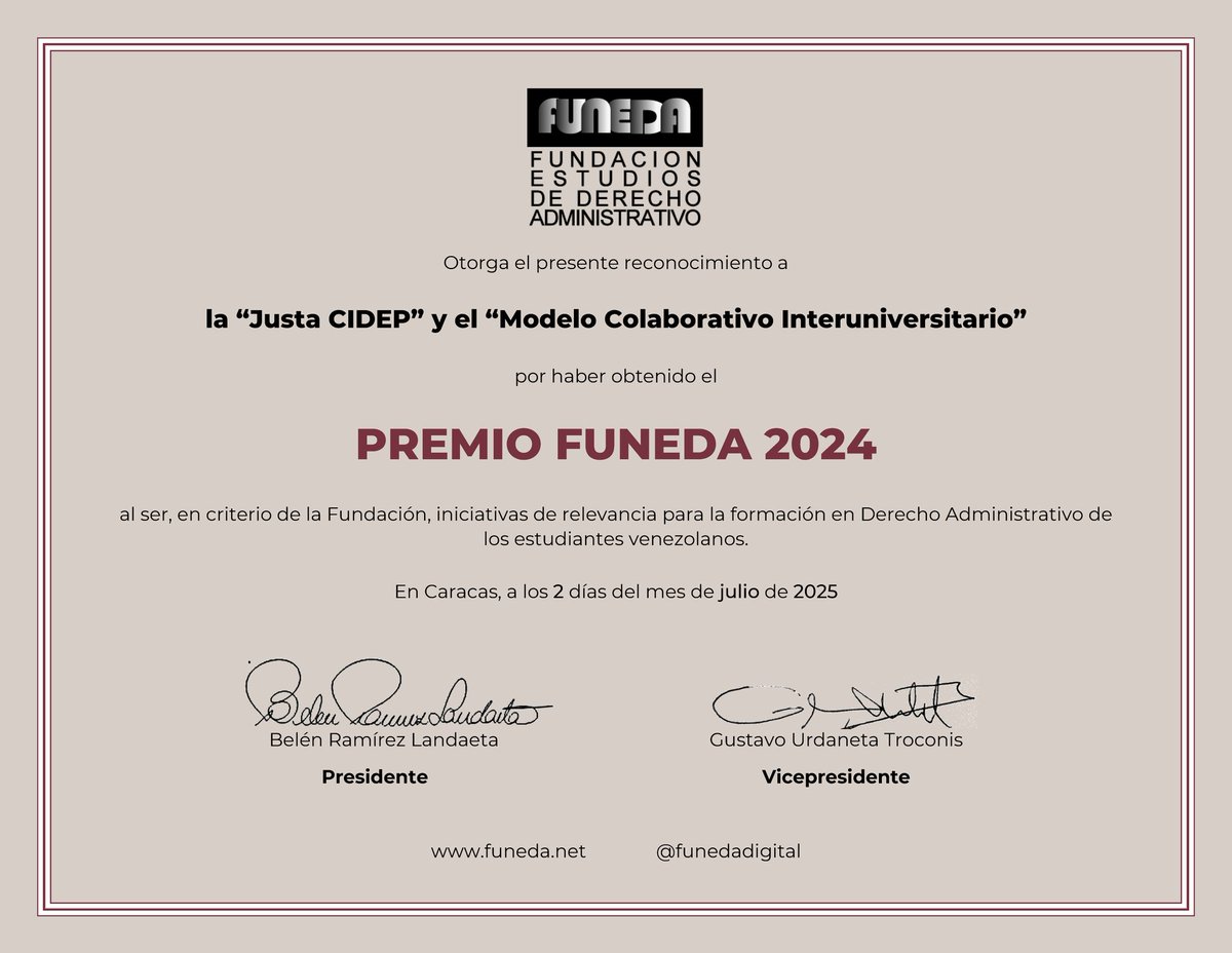 funedadigital's tweet photo. El Premio FUNEDA 2024 se concede ex aequo a "Justa CIDEP" y al "Modelo Colaborativo Interuniversitario", el primero a cargo de @cidepVE y el segundo organizado por @DerechoUCAB y @Monteavila, por generar espacios formales de debate para estudiantes de Derecho. https://t.co/aVYGjAQ5qV