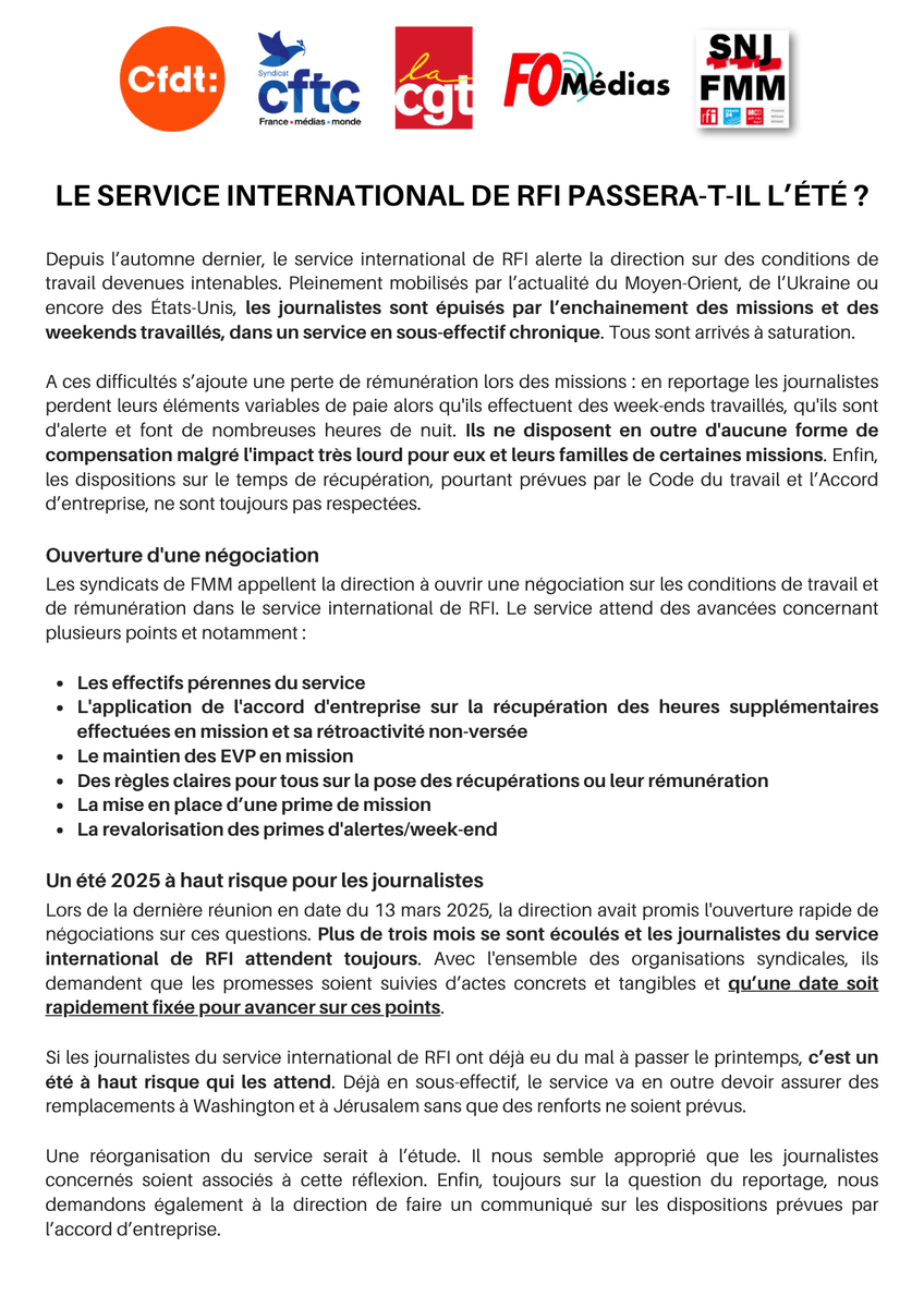 SNRT CGT AUDIOVISUEL (@snrt_cgt_av) on Twitter photo 🚨 À RFI, les journalistes du service international sont à bout. Sous-effectif, pertes de salaire, récup non respectées… Les syndicats exigent des actes concrets.
<a href="/CgtFmm/">CGT France Médias Monde</a>
📄 Communiqué ⬇️ #RFI #FMM 🚨 À RFI, les journalistes du service international sont à bout. Sous-effectif, pertes de salaire, récup non respectées… Les syndicats exigent des actes concrets.
<a href="/CgtFmm/">CGT France Médias Monde</a>
📄 Communiqué ⬇️ #RFI #FMM