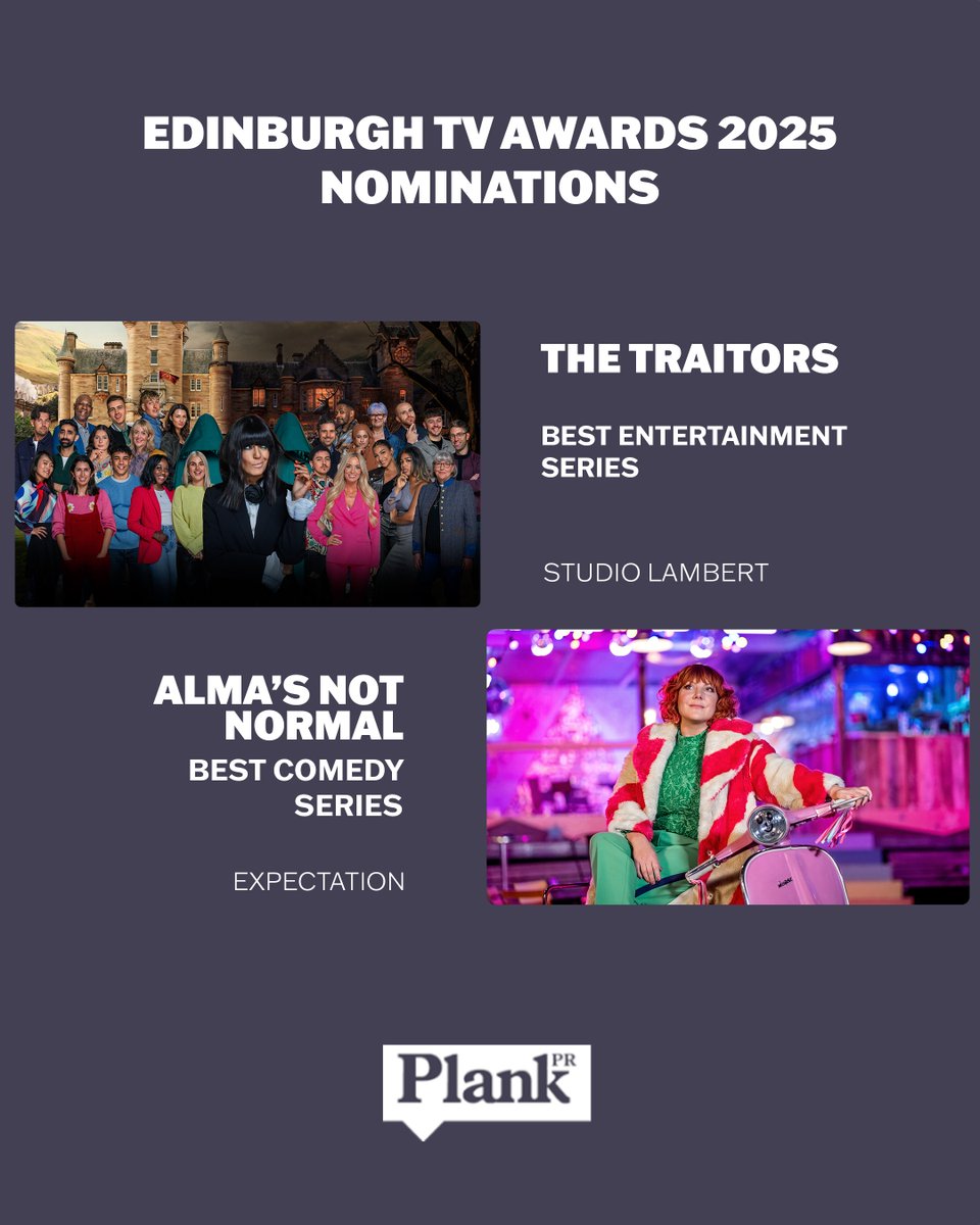 PlankPR's tweet image. Congratulations to all our fantastic clients nominated for the @EdinburghTVFest awards this year! 🎉
🏆Alma’s Not Normal – Best Comedy Series @ExpectationEnt1
🏆The Traitors – Best Entertainment Series @studiolambert
🏆Best TV Actor Comedy – Sophie Willan in Alma’s Not Normal…