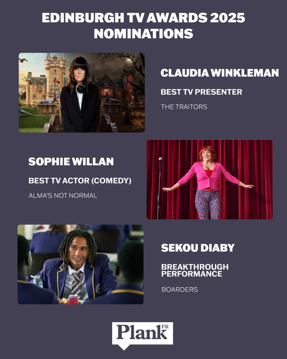 PlankPR's tweet image. Congratulations to all our fantastic clients nominated for the @EdinburghTVFest awards this year! 🎉
🏆Alma’s Not Normal – Best Comedy Series @ExpectationEnt1
🏆The Traitors – Best Entertainment Series @studiolambert
🏆Best TV Actor Comedy – Sophie Willan in Alma’s Not Normal…