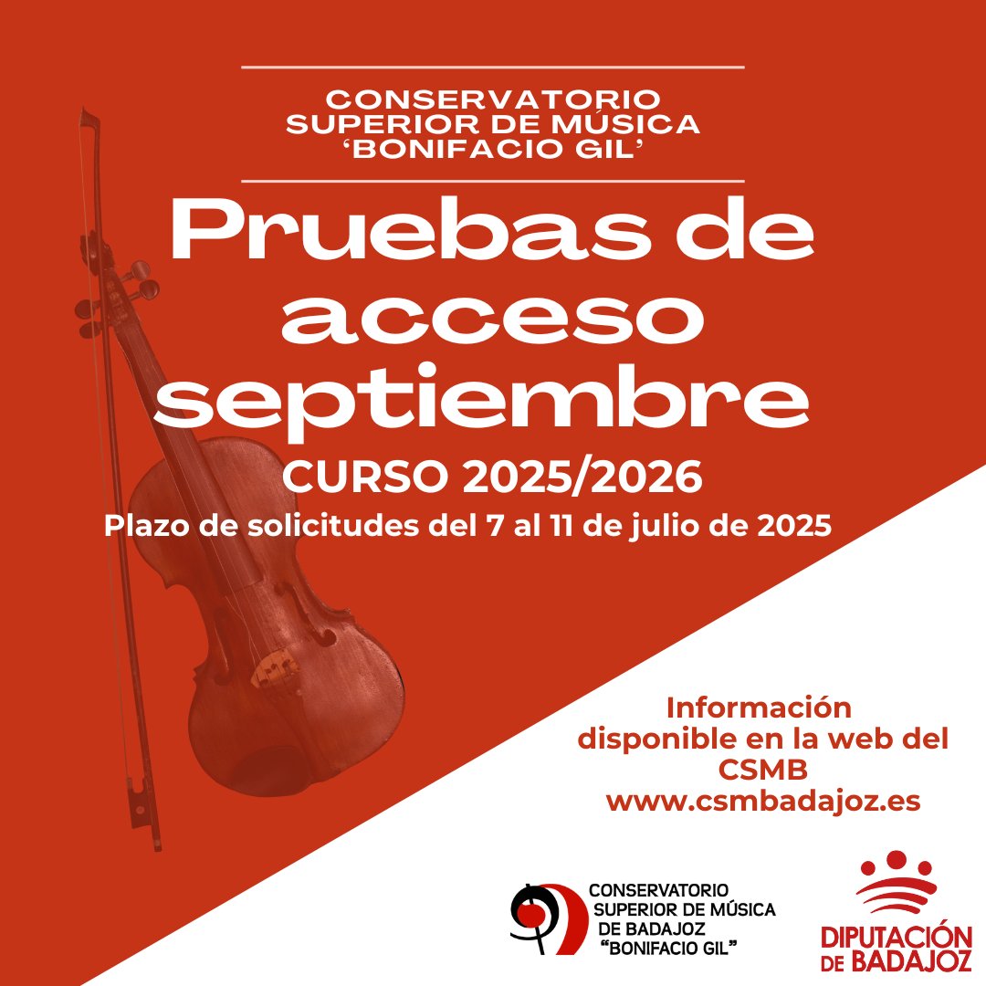 El CSMB publica el listado de plazas vacantes para las pruebas de acceso de septiembre. El plazo de inscripción estará abierto del lunes 7 al viernes 11 de julio
Toda la información en: csmbadajoz.es/?page_id=7493