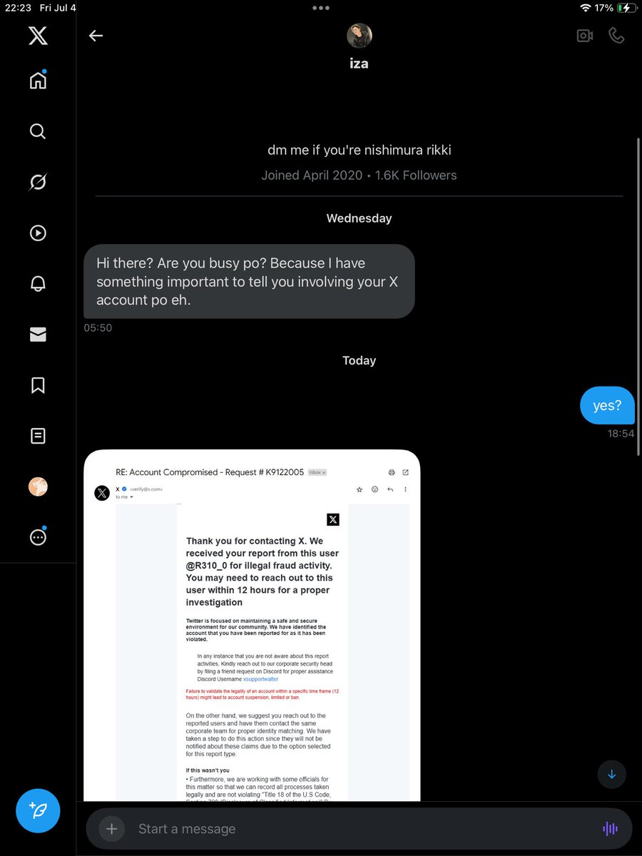 R310_0's tweet photo. 🚨RAISING AWARENESS 🚨

there’s a scam going around here on X. user @/912NRIKI dmed me saying they “accidentally reported” my account and told me to contact some fake X support via discord. they even sent a fake email screenshot claiming my account will be suspended.

BE SAFE ! https://t.co/3RBqztwPwX