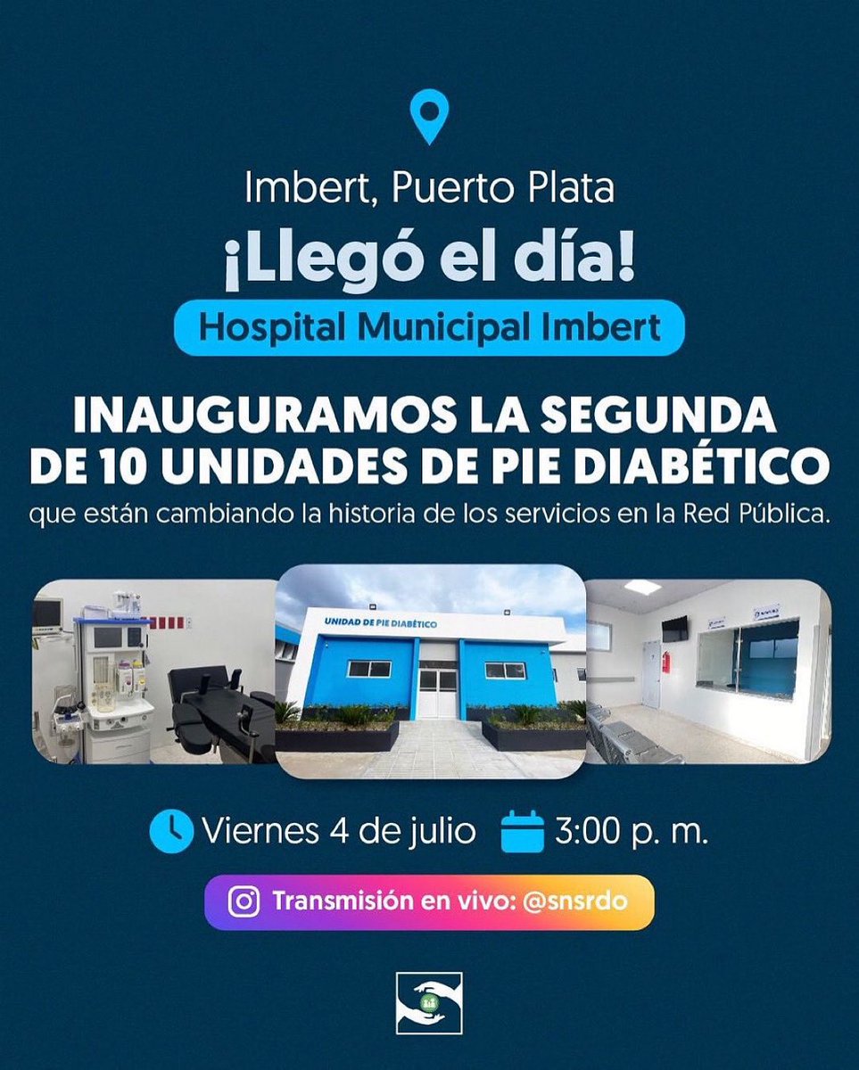 ✅ ¡Este es el verdadero cambio en salud: dos unidades de pie diabético en una semana! 

🎉Hoy celebramos una nueva etapa en la región Norte: el Hospital Municipal #Imbert cuenta con un espacio especializado que brindará atención digna a quienes padecen de Diabetes.

#SNSAvanza