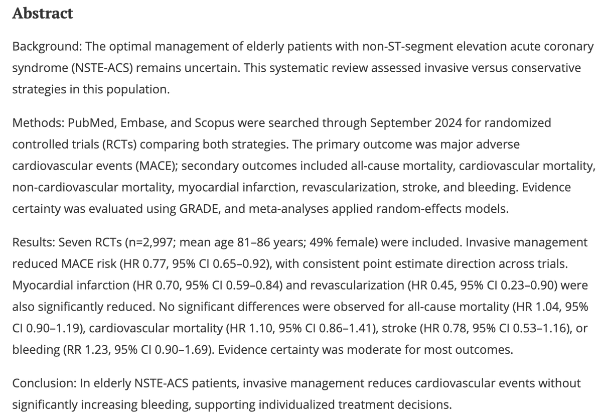 Gran trabajo liderado por Carlos Diaz Arocutipa!!
El manejo invasivo del SCA en pacientes añosos tiene beneficios sobre el conservador inicial. 
Seleccionemos pacientes de todas maneras
tandfonline.com/doi/full/10.10…