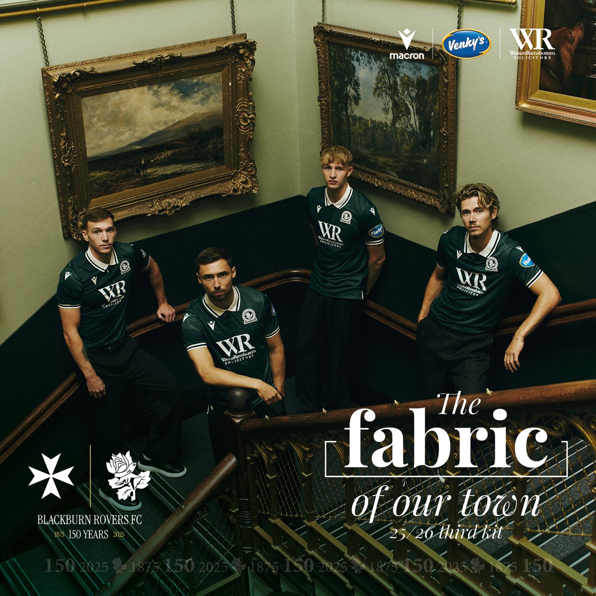 Rovers's tweet photo. The fabric of our town 🪡

Our 25/26 Third Kit is inspired by the @blackburndarwen coat of arms - a tribute to the unbreakable bond between club and community, celebrating the place that shaped us.

Available online now and in store tomorrow at 12pm

@MacronSports | #Rovers 🔵⚪️