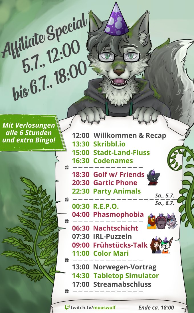 Mooswolf 🌿🐺︱GerVTuber︱→ DoKomi 2025 (@mooswolf) on Twitter photo In weniger als 20h gehts los - aaaahh! 😱 
Wenn ihr am WE nichts vorhabt, schaut doch mal vorbei und spielt mit! Wir feiern 1 Jahr Affiliate mit Verlosungen, einem Bingo, Vorträgen und ganz vielen Spielen und Collabs mit coolen Leuten :3
Ich bin bisschen aufgeregt...
#GerVTuber In weniger als 20h gehts los - aaaahh! 😱 
Wenn ihr am WE nichts vorhabt, schaut doch mal vorbei und spielt mit! Wir feiern 1 Jahr Affiliate mit Verlosungen, einem Bingo, Vorträgen und ganz vielen Spielen und Collabs mit coolen Leuten :3
Ich bin bisschen aufgeregt...
#GerVTuber