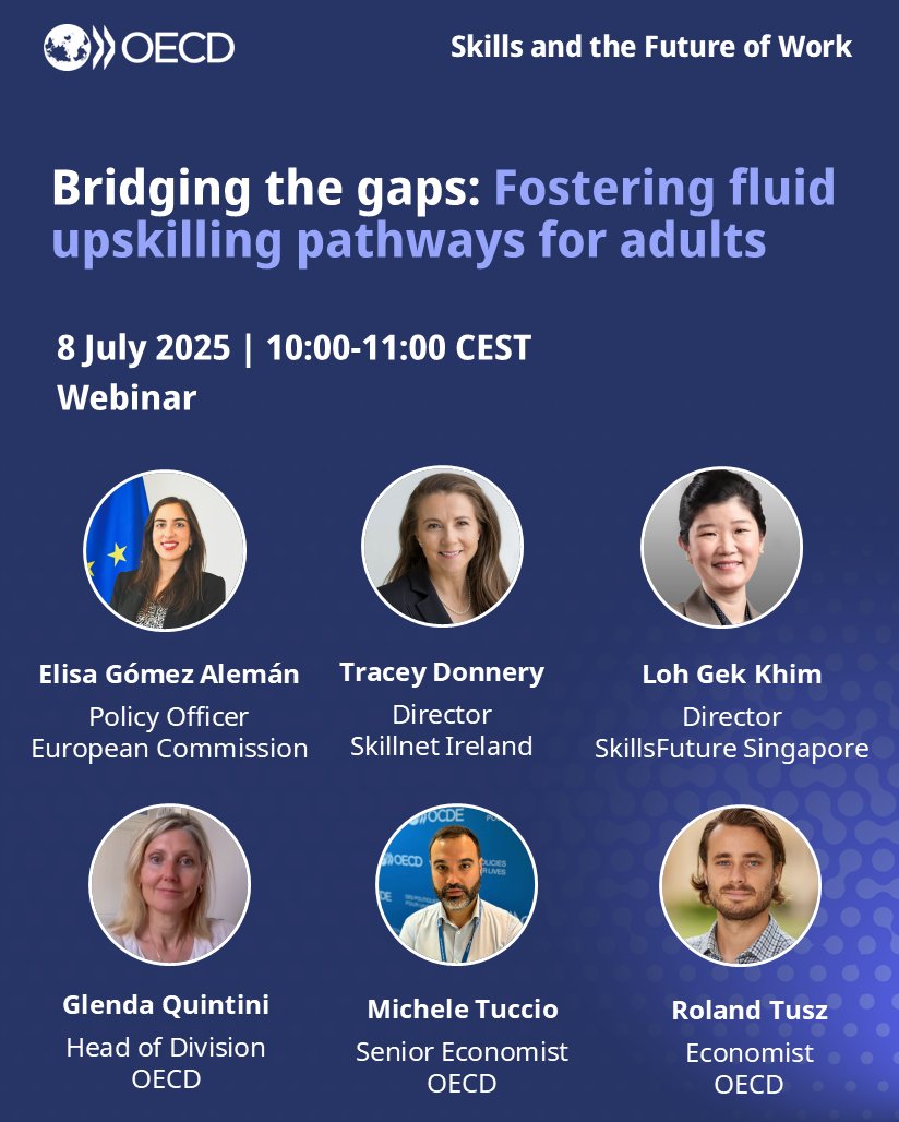 OECD_Social's tweet image. Bridging the gaps: Fostering fluid #upskilling pathways for adults
Join us for a webinar on building fluid #LifelongLearning journeys. Insights from experts, real-world practices & more.
📅 8 July 2025
⏰10:00-11:00 CEST
🔗 Register here: oe.cd/bridging-the-g…