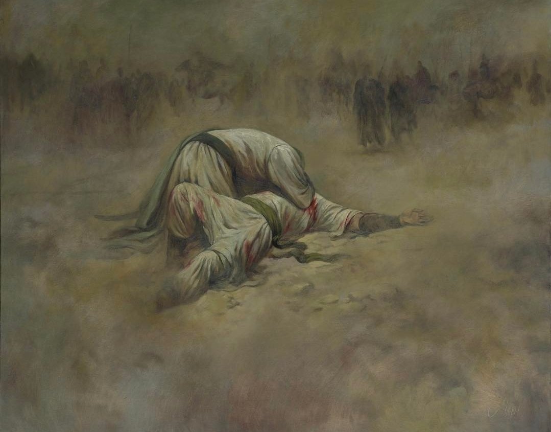 the_xsv9's tweet image. مِن شِدّةِ حُزنِ الحُسَيّنِ عَلَى أبنِهِ الأكبر، لَمْ يترّجلْ مِنْ عَلَى جوادِهِ، بَلْ رَمَى بِنفسِه وهُو يصيحُ وَيُنادِي: وَلَدِي عَلِيِّ عَلَىٰ الدُّنيا بَعدكَ العَفا