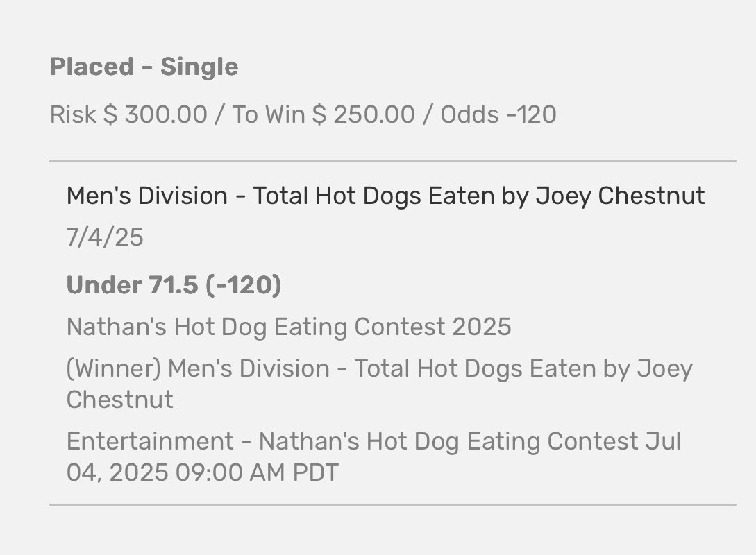 SNIPER SIM ♠️ (@simply_sim1) on Twitter photo 4th of July morning SWEEP! 🧹✅✅✅
Also posted up my Nathan’s Hotdog Eating Contest wager if anyone wants to tail! My book limited me to $300 👇🏽
JOEY CHESTNUT U71.5 HOTDOGS
🚨If it hits, I’ll be giving away $250 to someone who LIKES + RETWEETS this post!🚨 <a href="/_EliteCapital/">Elite Capital</a> 4th of July morning SWEEP! 🧹✅✅✅
Also posted up my Nathan’s Hotdog Eating Contest wager if anyone wants to tail! My book limited me to $300 👇🏽
JOEY CHESTNUT U71.5 HOTDOGS
🚨If it hits, I’ll be giving away $250 to someone who LIKES + RETWEETS this post!🚨 <a href="/_EliteCapital/">Elite Capital</a>