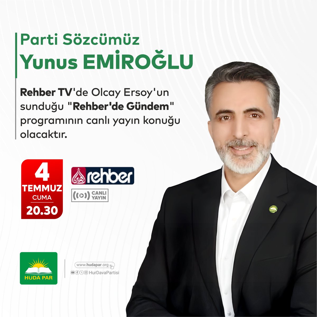 Parti Sözcümüz Yunus Emiroğlu, bu akşam saat 20.30'da Rehber TV'de Olcay Ersoy'un sunduğu "Rehber'de Gündem" programının canlı yayın konuğu olacaktır.