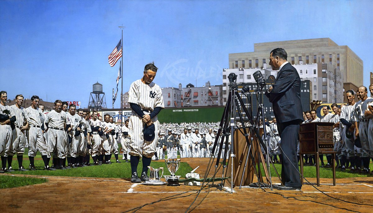 #OTD in 1939, Lou Gehrig made his most memorable play on the diamond. One of the game’s greatest-and most transcendent-moments, for sure. Here’s my painting of the great man, minutes before declaring himself “the luckiest man on the face of the earth.”