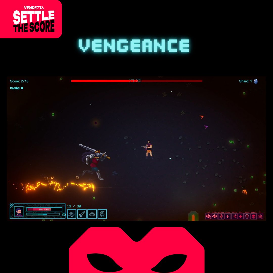 survive the horde in this retro bullet hell!

our next #SettleTheScore is Vengeance! (<a href="/AdeniumStudios/">Adenium Games | Vengeance is Out Now.</a>) a colorful 
roguelike full of deadly projectiles!

wishlist now: store.steampowered.com/app/3821350/Ve…

⚔️take down powerful enemies
💥dodge and weave your way through projectiles
🏆try and