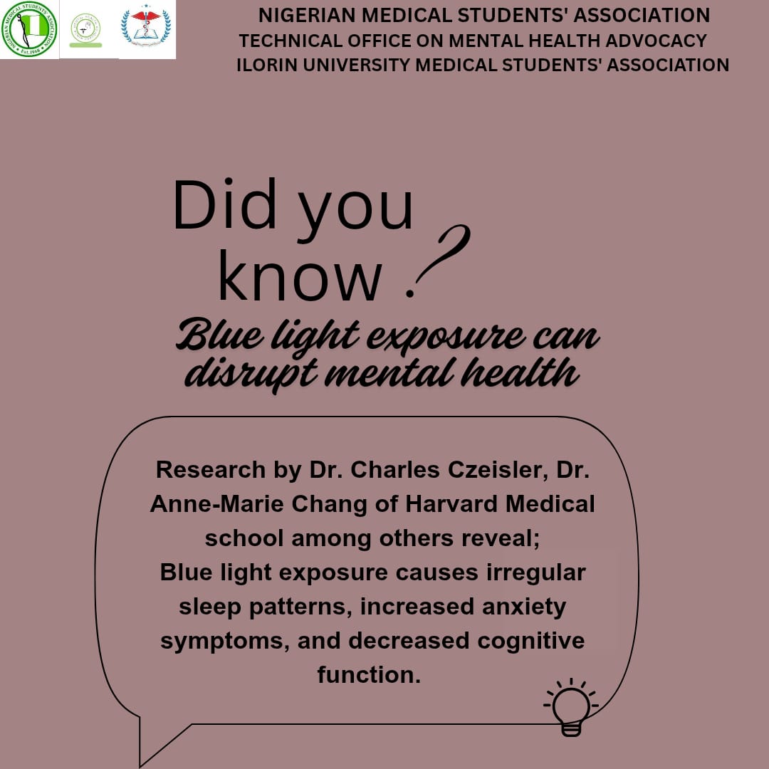 ILUMSA_MHA's tweet photo. Blue light harms mental health 🌙
It suppresses melatonin, disrupts sleep, worsens anxiety/depression &amp; reduces focus.

🔹 Use blue light filters/glasses
🔹 Limit screens before bed
🔹 Try red lights at night

Protect your mind. 💡
#MentalHealthMatters https://t.co/AoDj0GkNBB