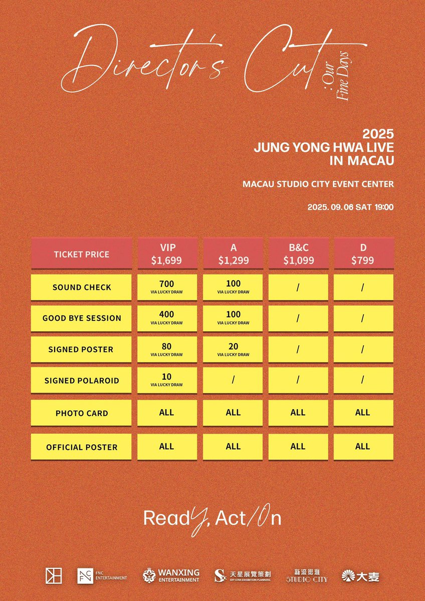 2025 #JUNGYONGHWA LIVE ‘Director’s Cut : Our Fine Days’ in Macau

📅SEP 6 2025, 7PM
📍STUDIO CITY ENEVT CENTER
🎫$1699/1299/1099/799

 🔗Public sale:
JUL 22, 12NN via Studio city &amp; DAMAI

<a href="/JYHeffect/">정용화</a>
#정용화 #鄭容和 #Our_Fine_Days #Our_Fine_Days_in_Macau #JUNGYONGHWAinMACAU