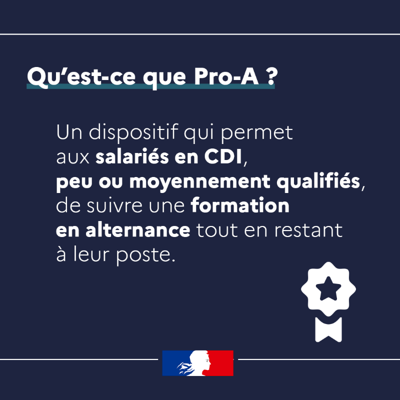 Travail_Gouv's tweet photo. #Emploi50Plus | Pro-A permet Ă lâentreprise de faire Ă©voluer les compĂ©tences de ses salariĂ©s tout en maintenant lâactivitĂ©. Il sâadresse aux salariĂ©s en CDI, peu ou moyennement qualifiĂ©s, qui souhaitent bĂ©nĂ©ficier d'une formation en alternance sans quitter leur poste —ïž