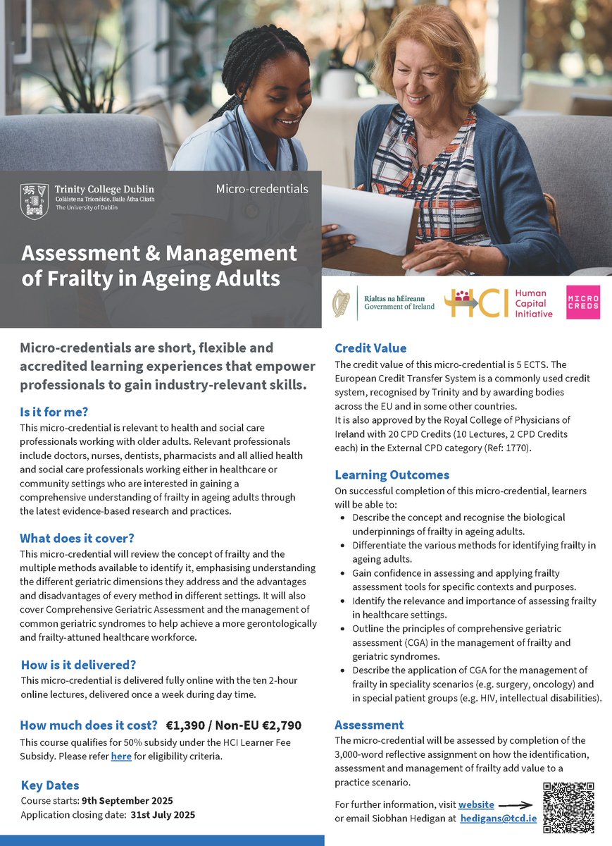 TCD Medical Gerontology (@tcdgerontology) on Twitter photo Now enrolling: <a href="/tcddublin/">Trinity College Dublin</a>'s online micro-credential in Frailty in Ageing Adults. Learn to assess & manage frailty with evidence-based tools and CGA. Starts Sept 9, 2025. CPD & ECTS accredited
Apply by July 31:
tcd.ie/courses/microc…
<a href="/MicroCreds/">MicroCreds</a> <a href="/EuGMSSociety/">EuGMS - European Geriatric Medicine Society</a> <a href="/irishgerontsoc/">Irish Gerontological Society</a> Now enrolling: <a href="/tcddublin/">Trinity College Dublin</a>'s online micro-credential in Frailty in Ageing Adults. Learn to assess & manage frailty with evidence-based tools and CGA. Starts Sept 9, 2025. CPD & ECTS accredited
Apply by July 31:
tcd.ie/courses/microc…
<a href="/MicroCreds/">MicroCreds</a> <a href="/EuGMSSociety/">EuGMS - European Geriatric Medicine Society</a> <a href="/irishgerontsoc/">Irish Gerontological Society</a>