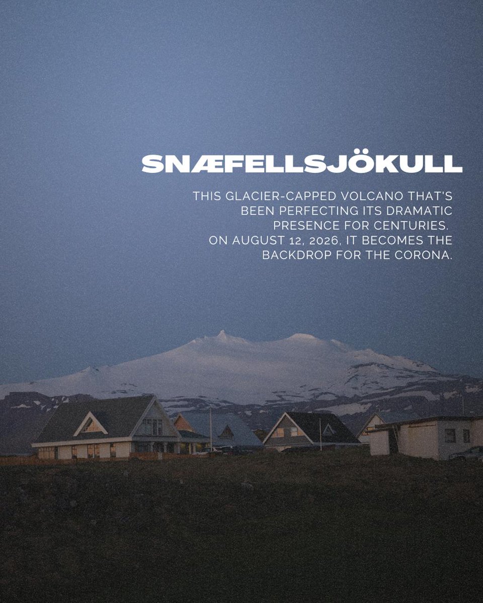 IcelandEclipse's tweet image. #Snæfellsjökull isn&apos;t just any glacier-capped volcano. It&apos;s a 700,000-year-old giant that towers 1,446 meters above the #Snæfellsnes Peninsula, making it an epic, ever-present backdrop to #IcelandEclipse2026.

Jules Verne chose it as his portal to the Earth&apos;s core for good…