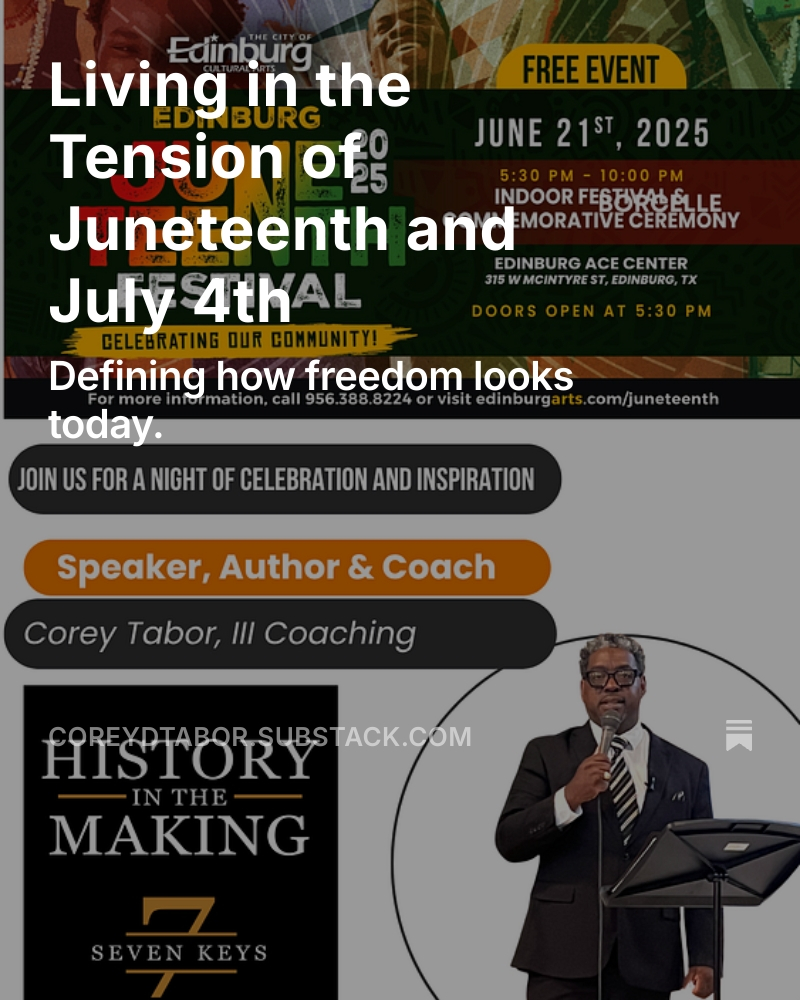 coreytiii's tweet photo. Check out my new post. Also check out the attached video from my Juneteenth Keynote in Edinburg, Texas which gives context to my story in relation to the post. Have a great 4th of July! #FreedomIsntFreeLiving in the Tension of Juneteenth and July 4th https://t.co/XpqvR7gXop https://t.co/t45vmFsFRi