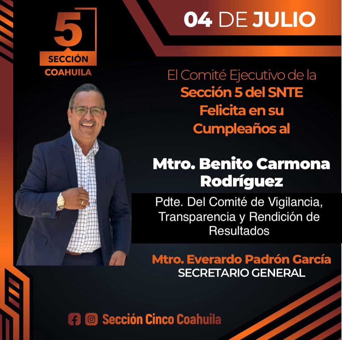 🎁 Deseamos muy feliz cumpleaños al Mtro. Benito Carmona Rodríguez, Pdte. Del Comité de Vigilancia, Transparencia y Rendición de Resultados del CES.🎊
Que disfrutes de este día en compañía de tus seres queridos y amistades! Enhorabuena 🎂
#SNTEContigo
#EverardoPadrón