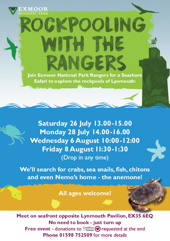 More 'Rock Pooling with the Rangers' dates coming up at Lynmouth.
No need to book - just drop in at any time and join us for a seashore safari 🦀

FREE events - donations for CareMoor for Exmoor are welcomed, to help us run more great events like this for everyone! 🙏