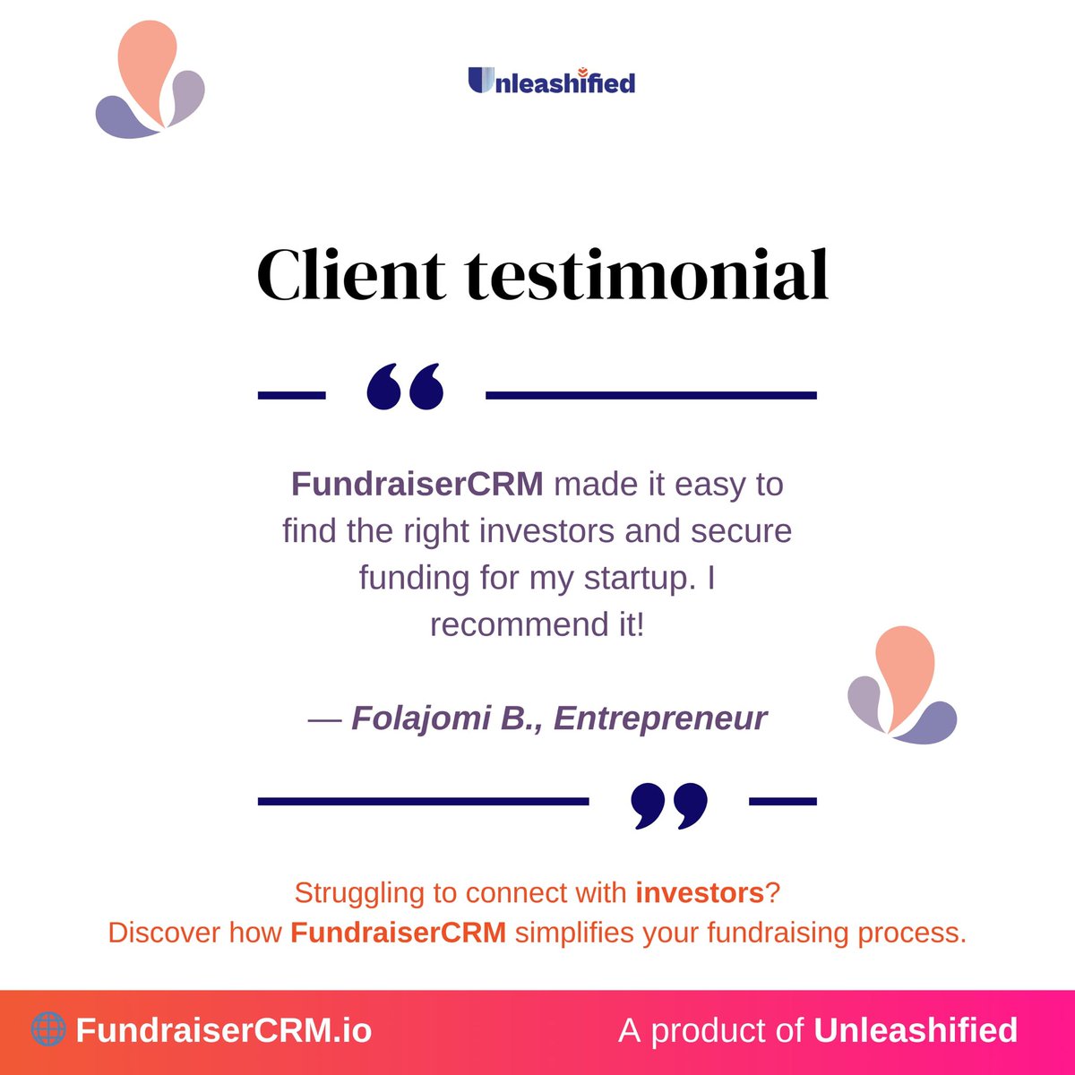 Unleashified's tweet photo. Website Testimonial:
"Fundraisercrm made it easy to find the right investors and secure funding for my startup. I recommend it!" 

If you’re a startup founder, this is your sign to simplify fundraising: https://t.co/vRdo3btoQe

#Unleashified #StartupFunding #FundraiserCRM https://t.co/gk4TgmC0h7
