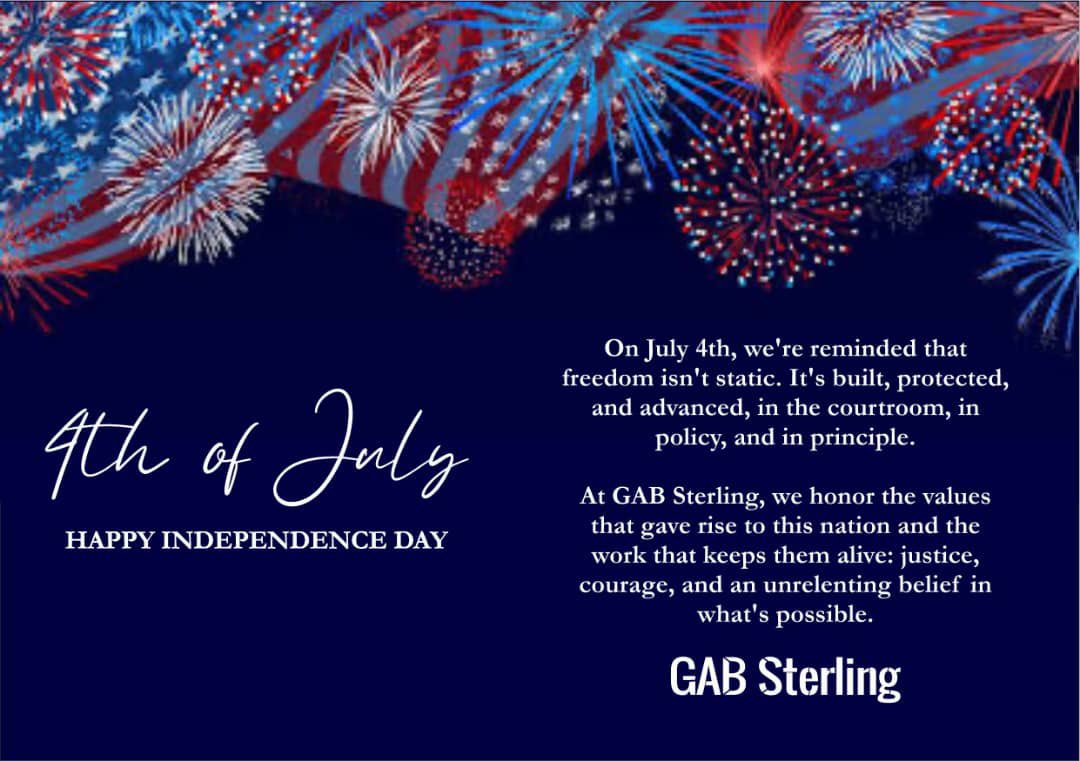 gabsterlingllp's tweet photo. Liberty endures when we defend it with principle. Happy Independence Day from GAB Sterling.
#July4th #independenceday #GABSterling #justiceinaction https://t.co/1MTWycLzJR