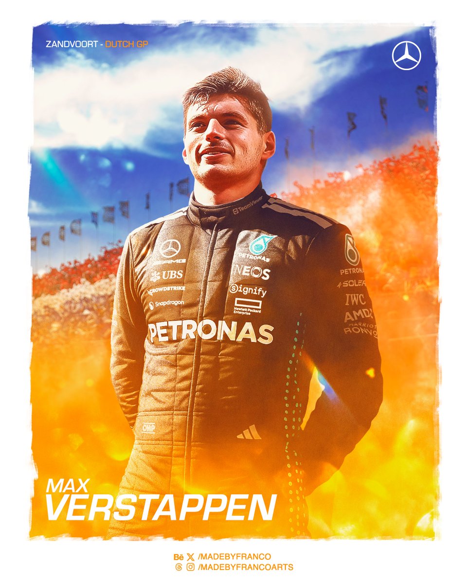 Storytelling is one of the most underrated parts when it comes to sports graphic design.

"What if Verstappen joined Mercedes?'' That’s the story I set out to tell with this piece, the roaring Zandvoort crowd, yellow smoke rising, sunlight hitting his face, and the thrill of a