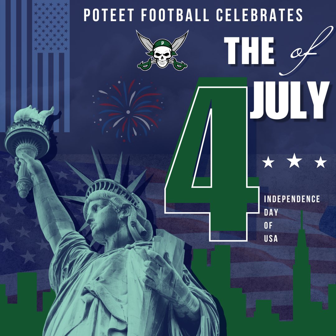 PoteetFB's tweet image. 🇺🇸💥 Happy 4th of July from Poteet Football! Wishing everyone a safe and memorable Independence Day. Proud to rep the red, white, blue, and a little Pirate green! 🏴‍☠️