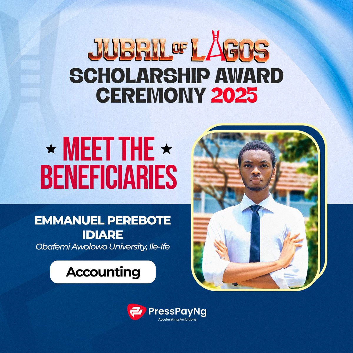PressPayNg1's tweet photo. You are not just looking at a student, you are looking at a future problem-solver.
Meet Emmanuel, one of the Jubril of Lagos scholarship recipients selected for his outstanding merit and passion. 💪🏾⬆️📚
#PressPayNg #JubrilOfLagosScholarship #25for2025Scholarship #EducationForAll #educationfinance
#EducationForAll #acceleratingambitions