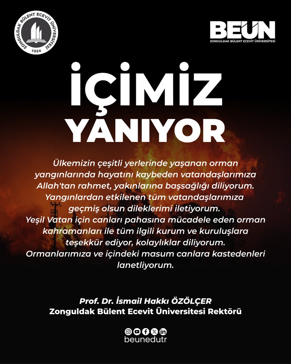 Ülkemizin çeşitli yerlerinde yaşanan orman yangınlarında hayatını kaybeden vatandaşlarımıza Allah'tan rahmet, yakınlarına başsağlığı diliyorum. Yangınlardan etkilenen tüm vatandaşlarımıza 
geçmiş olsun dileklerimi iletiyoruz. 

Yeşil Vatan için canları pahasına mücadele eden