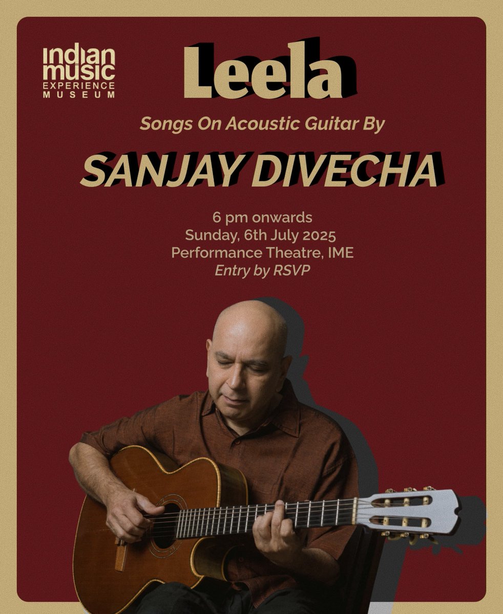 🎸Experience Leela by guitar legend Sanjay Divecha -live at IME on Sun, July 6, 6PM. Meditative solo set from his latest album. 
RSVP: forms.gle/1qKUAQuPCmQfPi… 
.
.
#guitarconcert #acousticguitarist