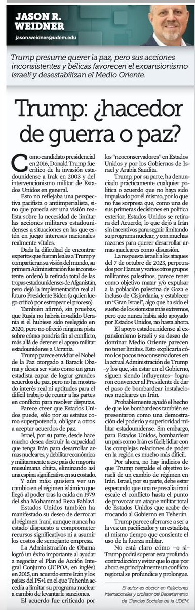 Trump: ¿hacedor de guerra o paz? Sus decisiones en escenarios clave como Afganistán, Ucrania e Irán alimentan un debate global: ¿defiende la paz o despliega una estrategia militar calculada? 

El profesor Jason Weidner, analiza este impacto aquí 👉 udem.edu.mx/TrumpHacedorDe…