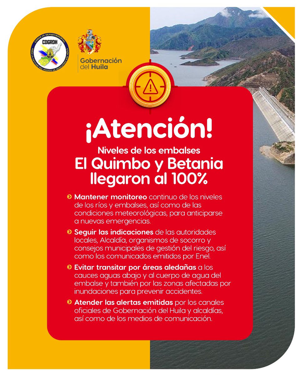 🚨 ¡Atención Huila! 🚨
Ante el aumento de lluvias en el sur del #Huila, los embalses El Quimbo y Betania alcanzaron su capacidad máxima y se mantienen con compuertas abiertas. Recomendamos a las comunidades estar en máxima alerta y acatar todas las indicaciones emitidas.