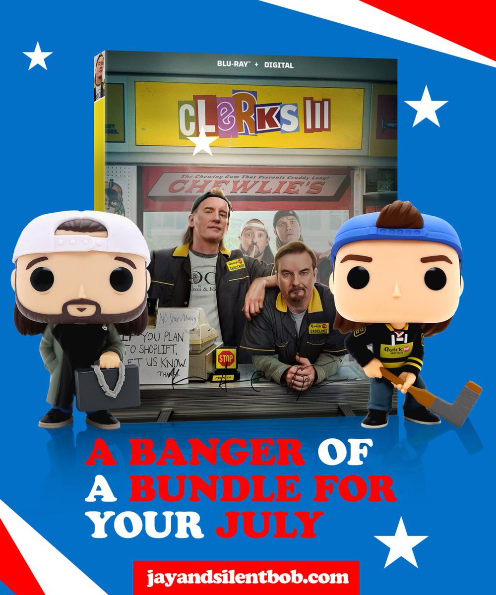 JayMewes's tweet image. We have a banger of a bundle for you snoogans! Get a Clerks III Bluray signed by @thatkevinsmith & me ;) along with 2 Funko Pops, Randal & Silent Bob!
Get yours now while supplies last 👉 jayandsilentbob.com
#jayandsilentbob #4thofjuly #clerks