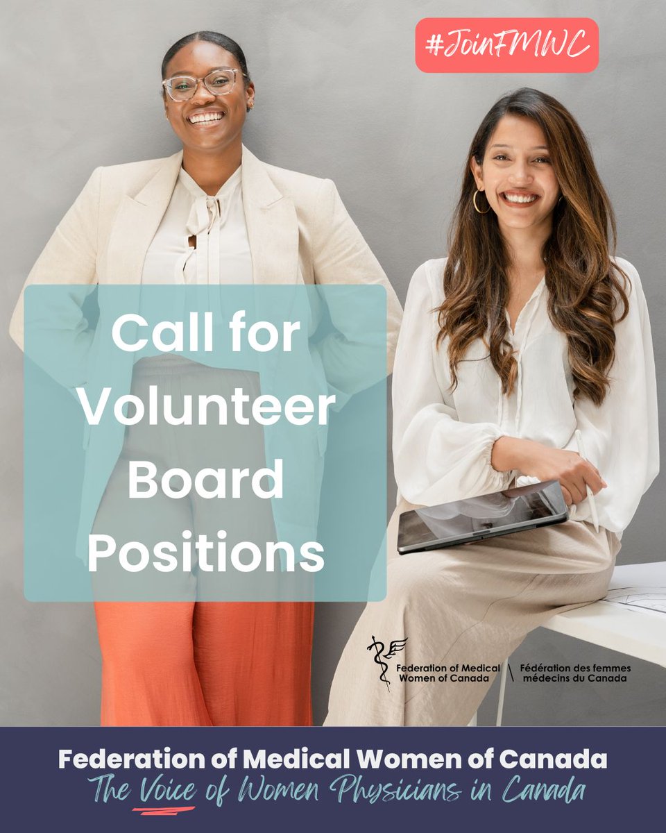 The Federation of Medical Women of Canada is now accepting nominations for (volunteer) Board of Directors positions for the 2025/26 term, which begins after the Annual General Meeting on Sept. 27, 2025. DEADLINE TO APPLY: JULY 15, 2025

#CanadianWomenInMedicine #Medicine #FMWC