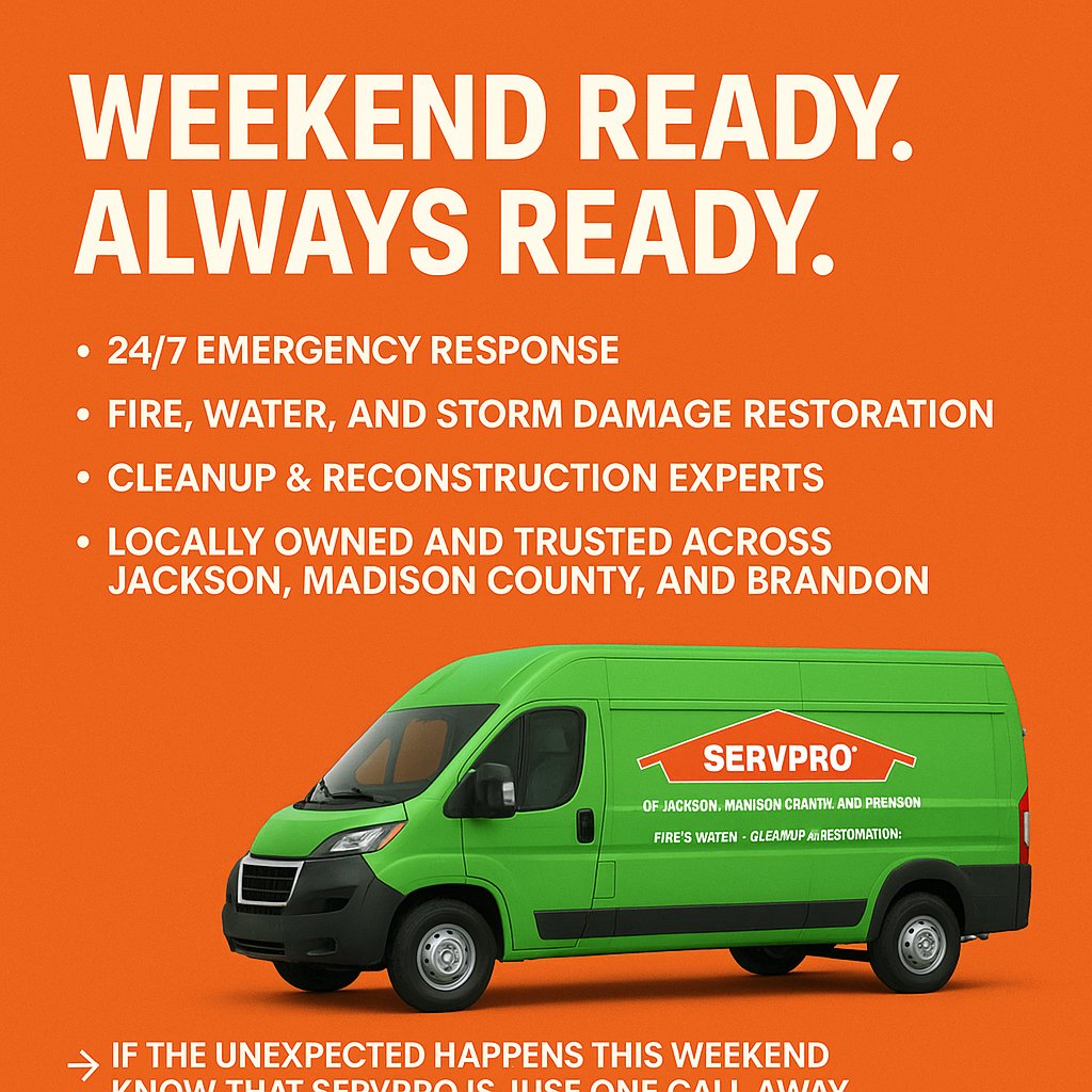 🧼 WEEKEND READY. ALWAYS READY. 🧯 24/7 Emergency Response for fire, water, and storm damage. Call SERVPRO at 601-353-2286! #SERVPROWeekendReady #HereToHelp #JacksonMS #MadisonCounty #BrandonMS #WaterDamage #FireRestoration #EmergencyResponse