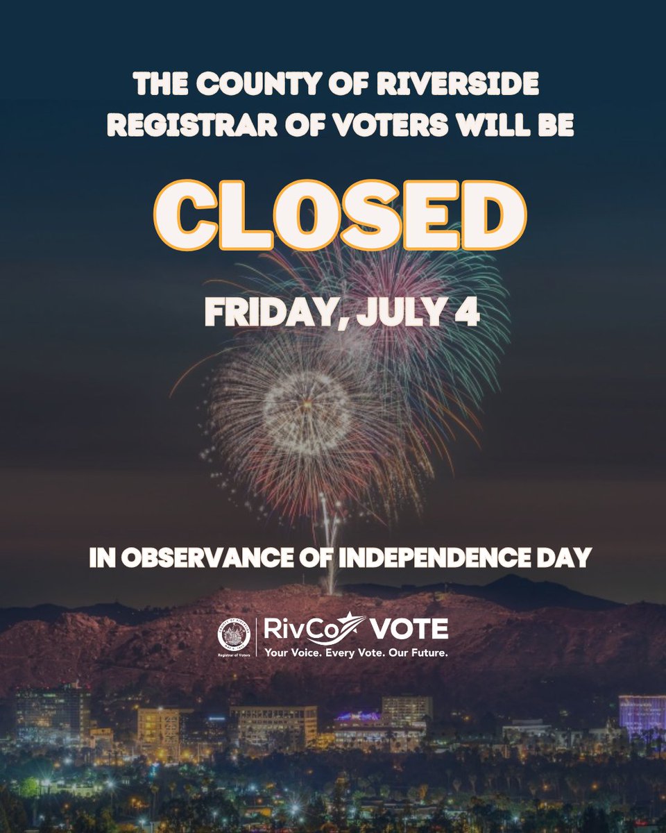RivCoRegistrar's tweet image. The ROV is taking a little break today to celebrate with family and friends. We’ll be back and ready to assist you on Monday July 7
El ROV está tomando un pequeño descanso hoy para celebrar con familiares y amigos. Volveremos y estaremos listos para ayudarle el lunes 7 de julio